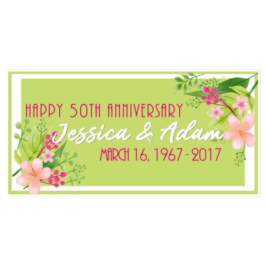 Green Floral Anniversary Banner Party Decor AnyAge (Front)