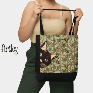 Green Floral Art Nouveau Funny Peeking Cat Birds  Tote Bag