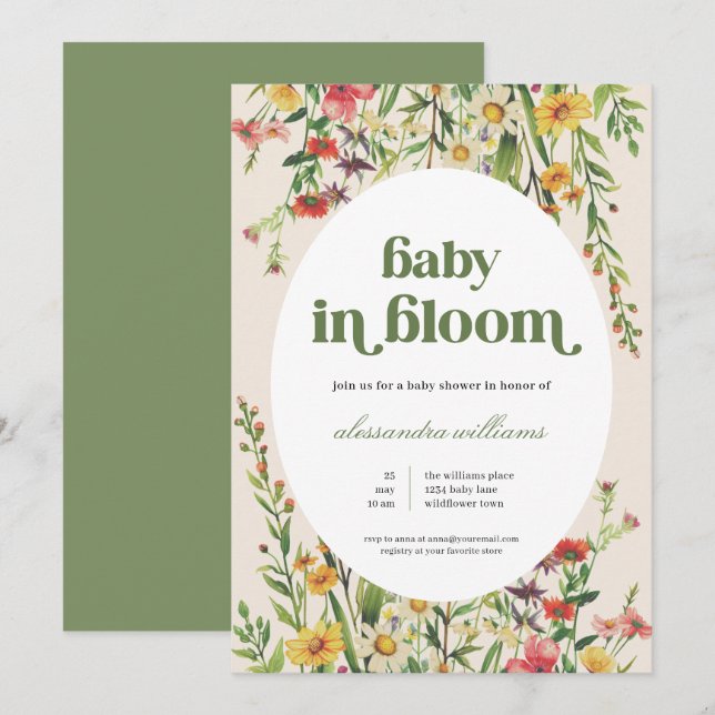Green Floral Baby in Bloom Shower Invitation (Front/Back)