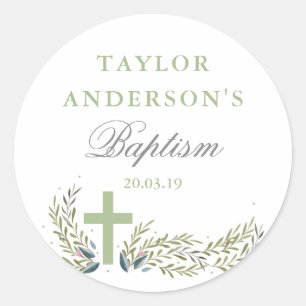 Green Floral Baptism Sticker Tags