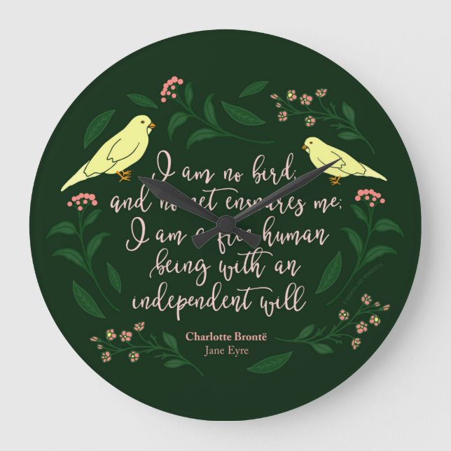 Green Floral Bird Charlotte Bronte Jane Eyre Quote Large Clock (Front)