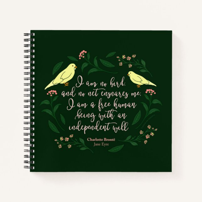 Green Floral Bird Charlotte Bronte Jane Eyre Quote Notebook (Front)