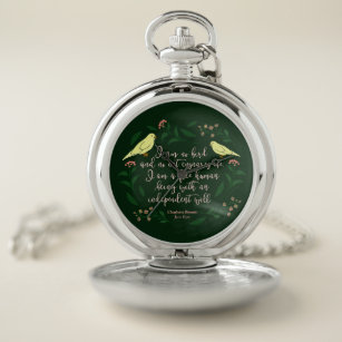 Green Floral Bird Charlotte Bronte Jane Eyre Quote Pocket Watch