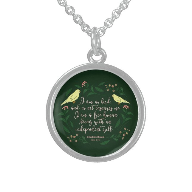 Green Floral Bird Quote Jane Eyre Charlotte Bronte Sterling Silver Necklace (Front)