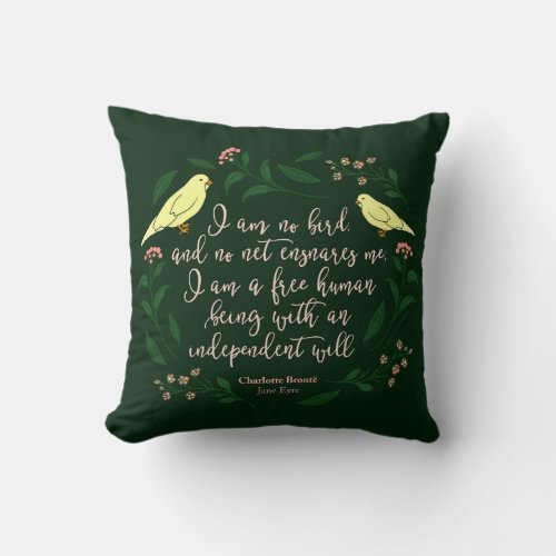 Green Floral Bird Quote Jane Eyre Charlotte Bronte Throw Pillow