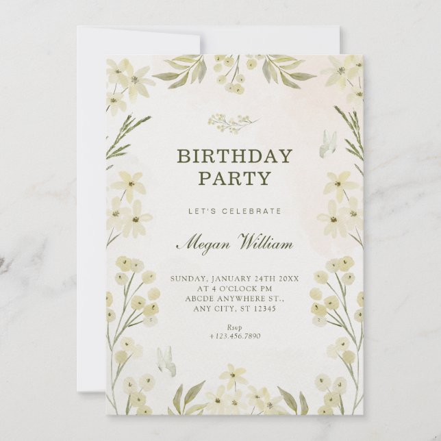 Green floral birthday invitation (Front)