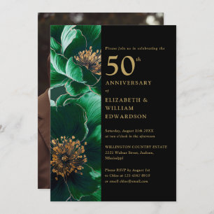 Green Floral Black And Gold 50th Anniversary Photo Invitation