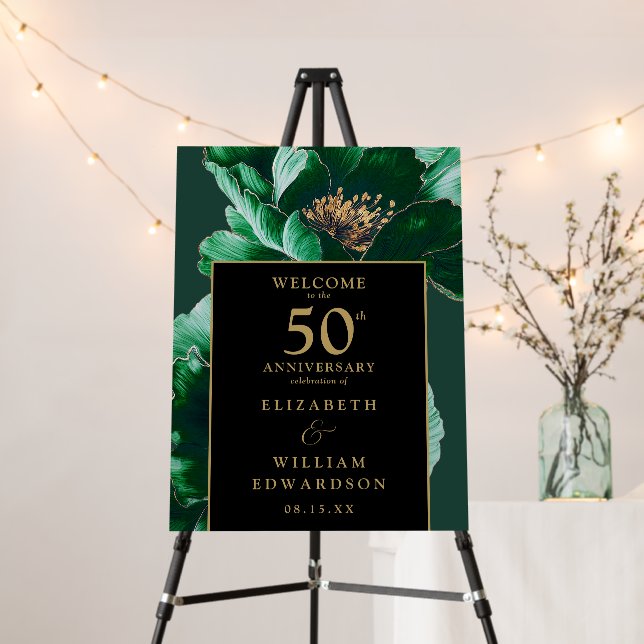 Green Floral Black And Gold 50th Anniversary Sign (In Situ (Stand))
