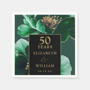Green Floral Black And Gold Chic 50th Anniversary Napkins