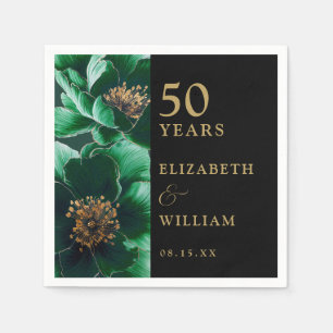 Green Floral Black And Gold Chic 50th Anniversary Napkins