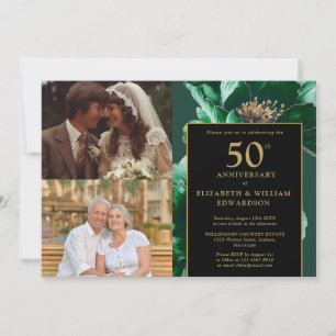 Green Floral Black Gold 50th Anniversary 2 Photo Invitation