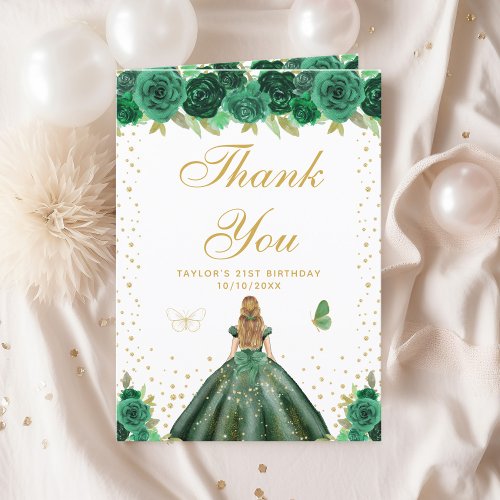 Green Floral Blonde Hair Girl Birthday Party Thank You Card