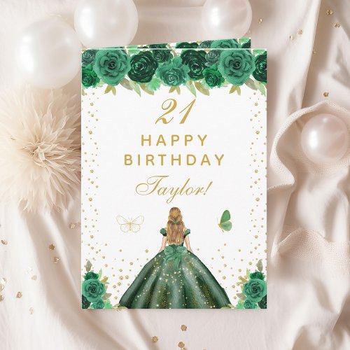 Green Floral Blonde Hair Girl Happy Birthday Card