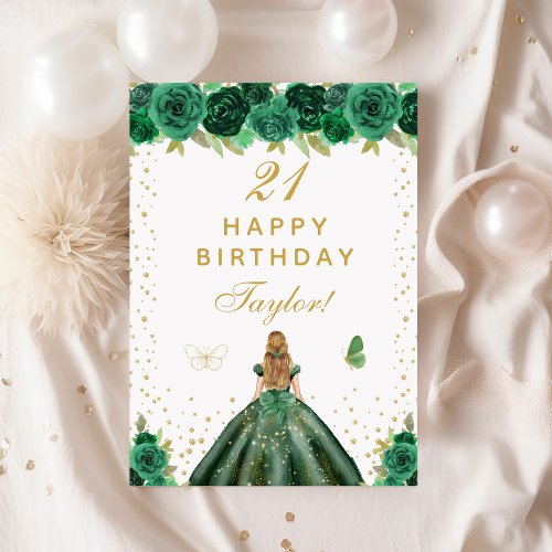 Green Floral Blonde Hair Girl Happy Birthday Card
