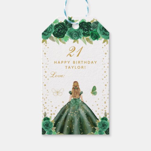 Green Floral Blonde Hair Girl Happy Birthday Gift Tags