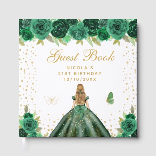 Green Floral Blonde Hair Princess Birthday Party Guest Book