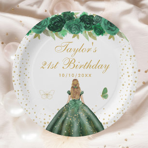 Green Floral Blonde Hair Princess Birthday Party Paper Plates