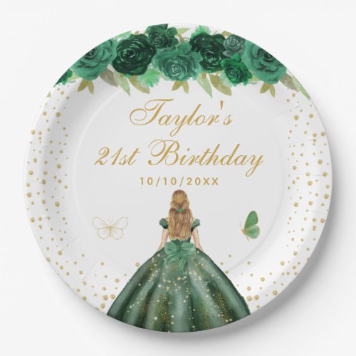 Green Floral Blonde Hair Princess Birthday Party Paper Plates