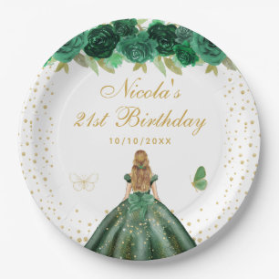 Green Floral Blonde Hair Princess Birthday Party Paper Plates