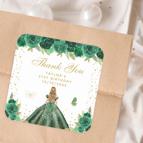 Green Floral Blonde Hair Princess Birthday Party Square Sticker