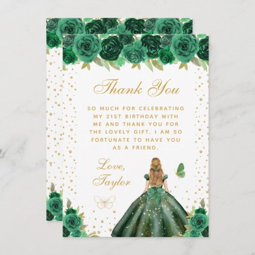 Green Floral Blonde Hair Princess Birthday Party Thank You Card