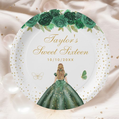 Green Floral Blonde Hair Princess Sweet Sixteen Paper Plates