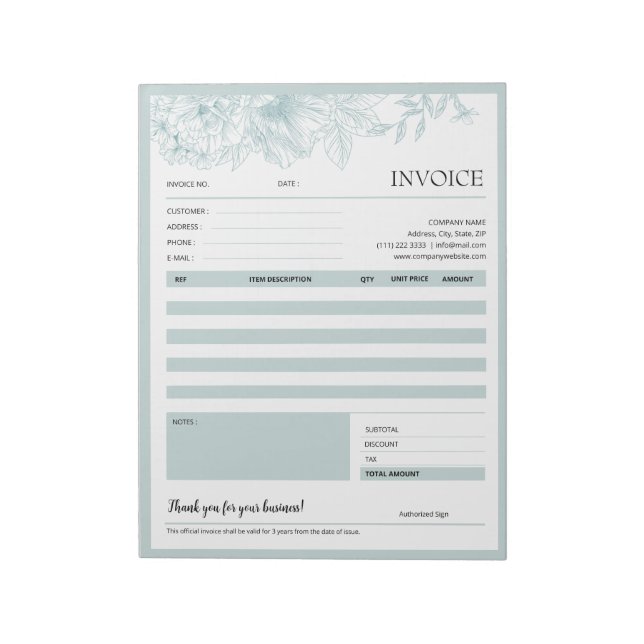 Green Floral Border Small Business Invoice Forms Notepad (Rotated)