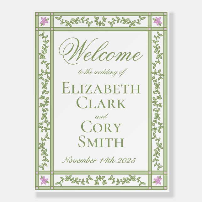 Green Floral Botanical Garden Wedding Welcome Sign (Front)