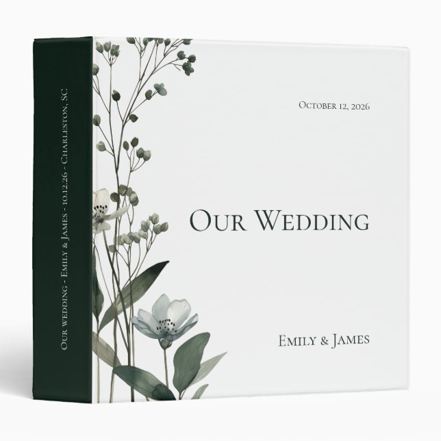 Green Floral Botanical Wedding 3 Ring Binder (Front/Spine)