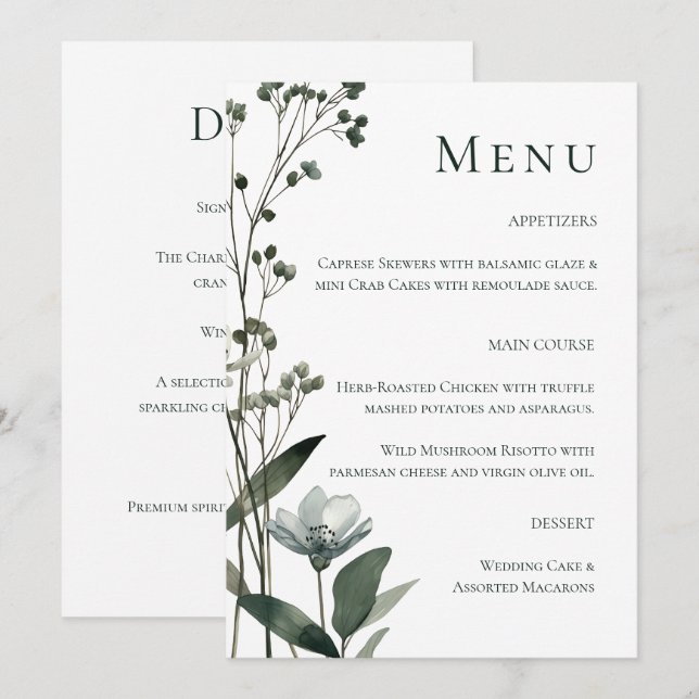 Green Floral Botanical Wedding Menu (Front/Back)