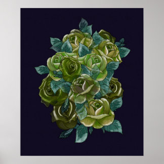 Green floral bouquet, navy blue, exotic roses poster