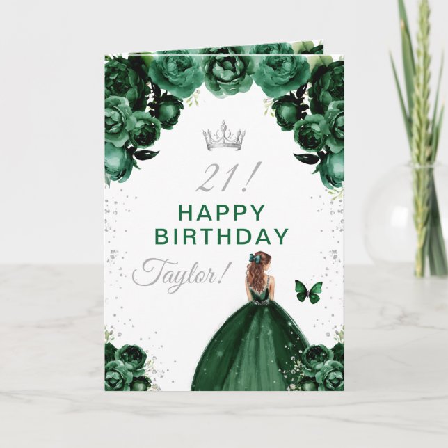 Green Floral Brown Hair Girl Happy Birthday Card (Front)