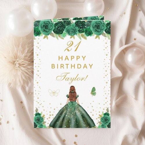 Green Floral Brown Hair Girl Happy Birthday Card