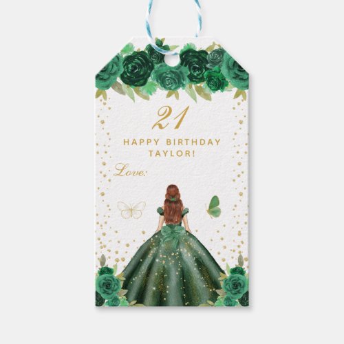 Green Floral Brown Hair Girl Happy Birthday Gift Tags