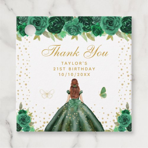 Green Floral Brown Hair Princess Birthday Party Favor Tags