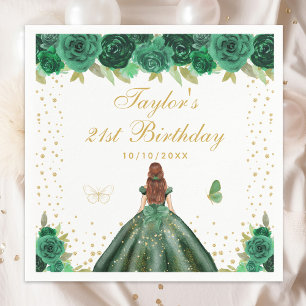 Green Floral Brown Hair Princess Birthday Party Napkins
