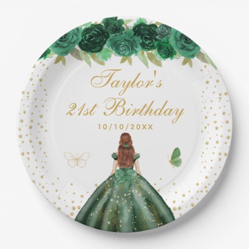 Green Floral Brown Hair Princess Birthday Party Paper Plates