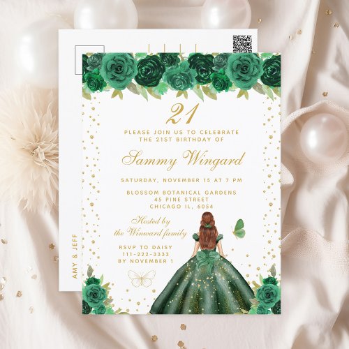 Green Floral Brown Hair Princess Birthday Party Postcard