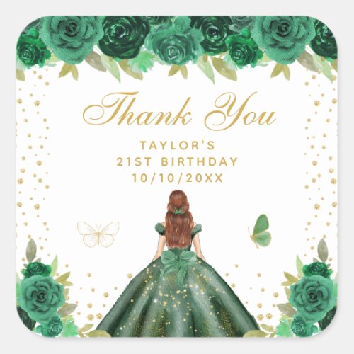 Green Floral Brown Hair Princess Birthday Party Square Sticker