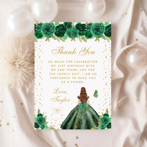 Green Floral Brown Hair Princess Birthday Party Thank You Card