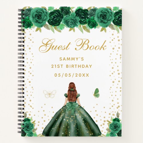 Green Floral Brown Hair Princess Guest Book