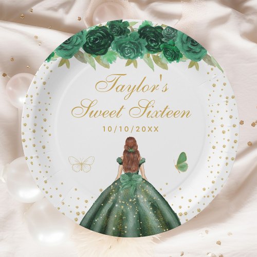 Green Floral Brown Hair Princess Sweet Sixteen Paper Plates