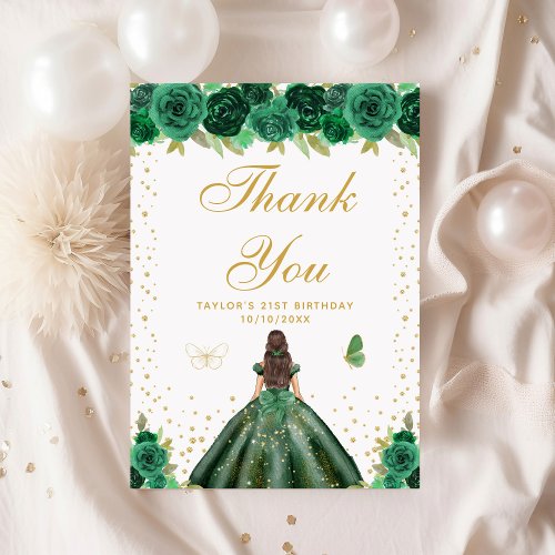 Green Floral Brunette Hair Girl Birthday Party Thank You Card