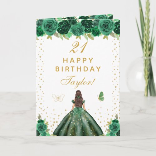 Green Floral Brunette Hair Girl Happy Birthday Card