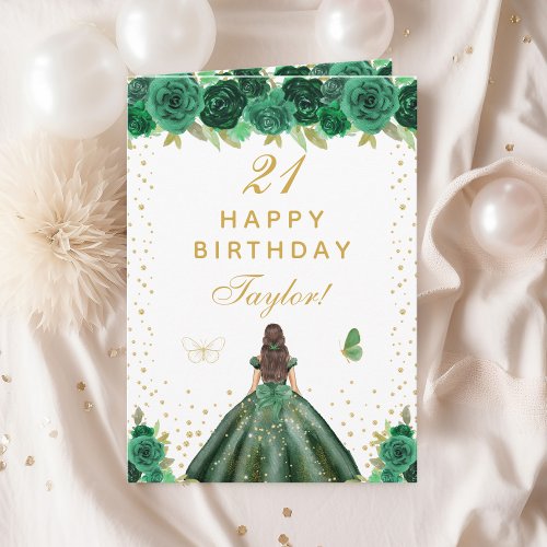 Green Floral Brunette Hair Girl Happy Birthday Card