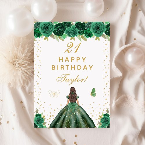 Green Floral Brunette Hair Girl Happy Birthday Card