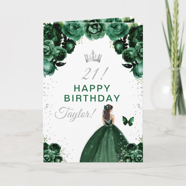 Green Floral Brunette Hair Girl Happy Birthday Card (Front)
