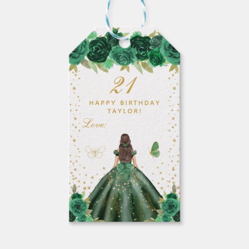 Green Floral Brunette Hair Girl Happy Birthday Gift Tags