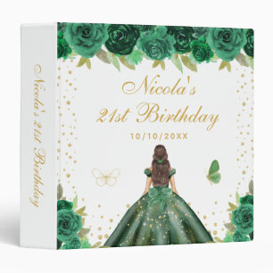 Green Floral Brunette Hair Princess Birthday Party 3 Ring Binder