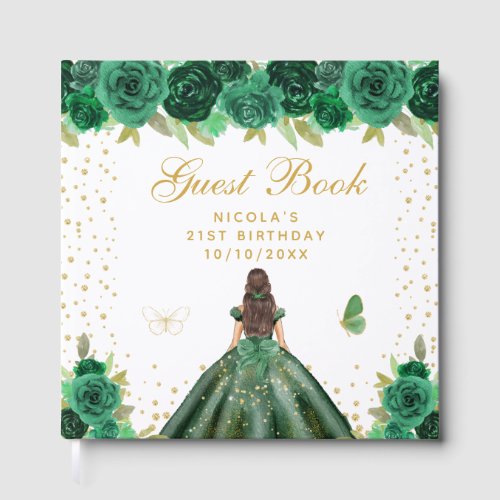 Green Floral Brunette Hair Princess Birthday Party Guest Book